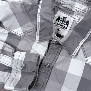 Y2K Express Men Pearl Snap Large Gray White Buffalo Plaid Western Long Sleeve